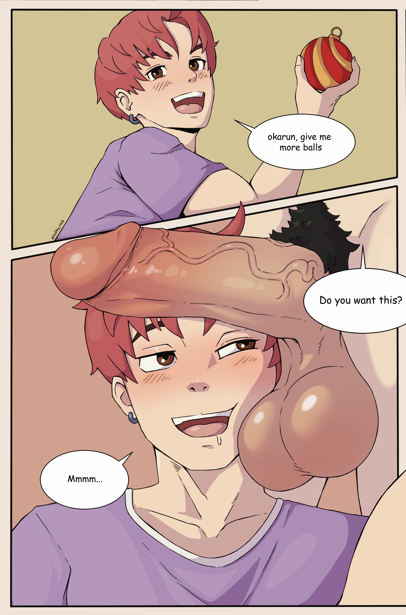 balls, big balls, big penis, blush, dandadan, erect penis, erection, gay, jin enjoji, looking at penis, male, male focus, male only, male pubic hair, penis, penis on face, pubes, pubic hair, robby hub, shirt, takakura ken (okarun), veiny penis, yaoi