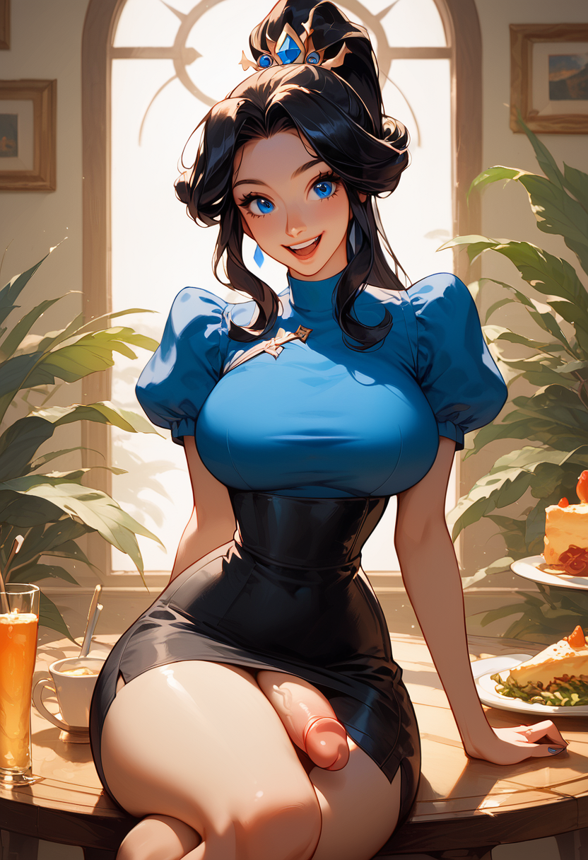 ai_generated blue_hair dress drink female food futanari tiara