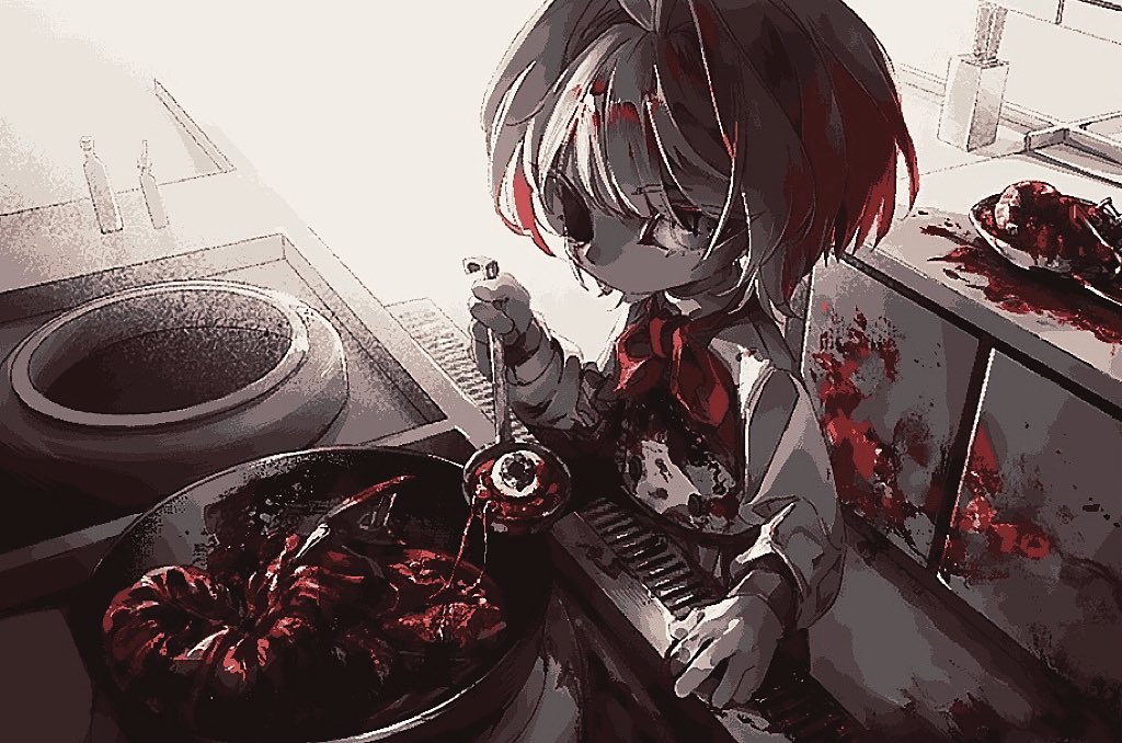 blood blood_on_clothes cannibalism cooking_pot counter eyeball female greyscale guro hair_intakes horror_(theme) iolite1018 kitchen ladle long_sleeves looking_at_viewer missing_eye monochrome neckerchief no_mouth organs original red_neckerchief shirt_tucked_in slit_pupils solo spot_color tsurime