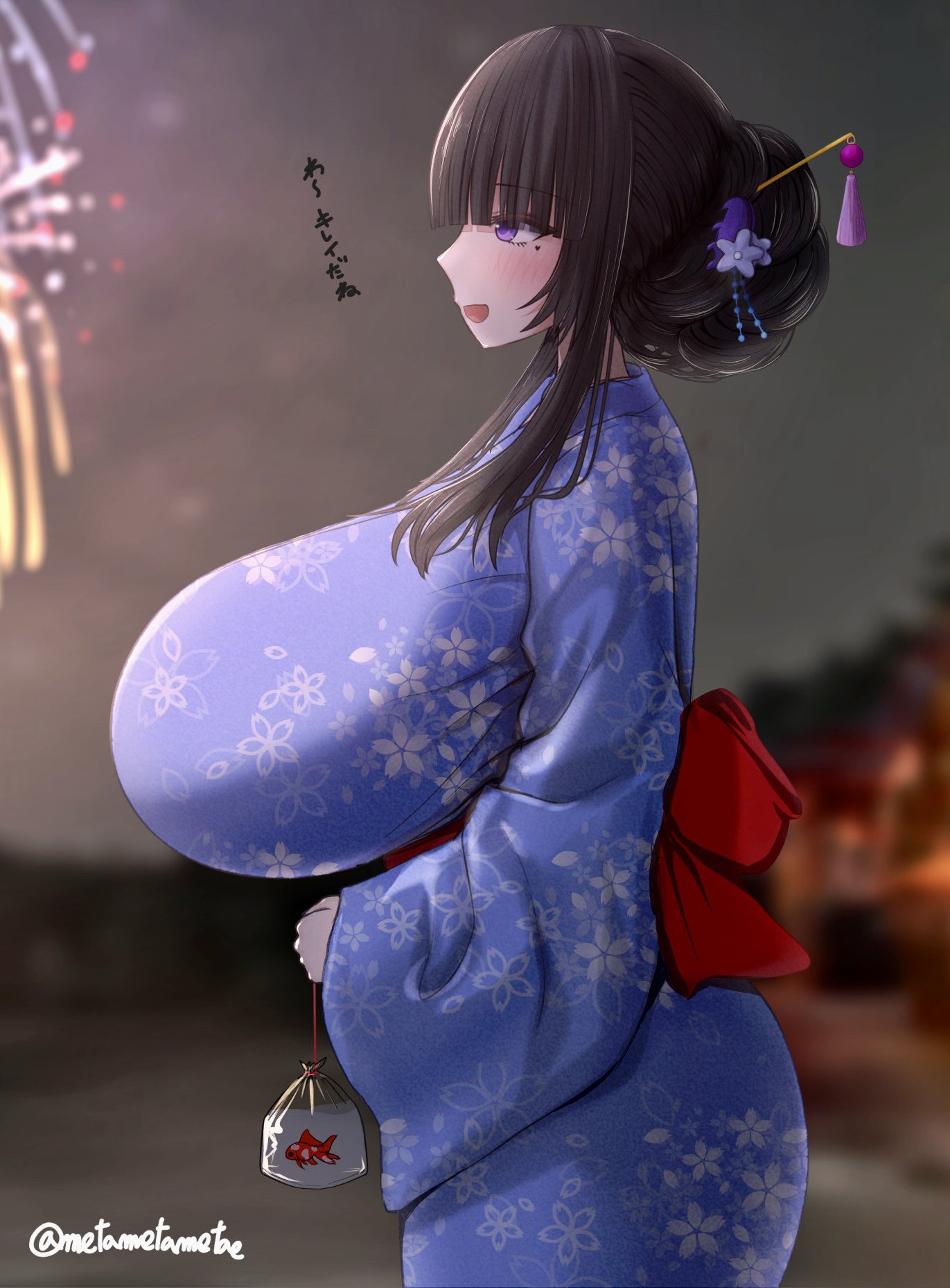 1girls bangs black_hair blush blush breast_focus breasts breasts_bigger_than_head busty clothed clothing collarbone enormous_breasts facing_away female female_focus female_only fireworks fish floral_print floral_print_kimono fully_clothed gigantic_breasts hair_ornament hairclip hairpin heart-shaped_mole himekawa-san_(metae) huge_breasts kimono large_breasts long_hair looking_away massive_breasts metae mole mole_under_eye open_mouth original original_character outdoors purple_eyes side_view solo standing tied_hair top_heavy top_heavy_breasts voluptuous voluptuous_female