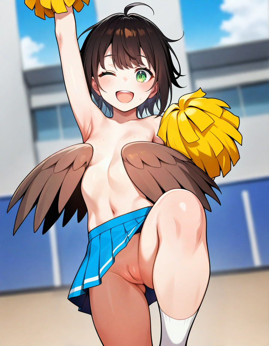 :d ahoge ai_generated armpit brown_feathers brown_hair brown_wings cheering cheerleader convenient_censoring covering_breasts female female green_eyes innie_pussy navel no_panties one_eye_closed pleated_skirt pom_poms pussy short_hair small_breasts socks solo topless upskirt useless_clothing wings zorkpics