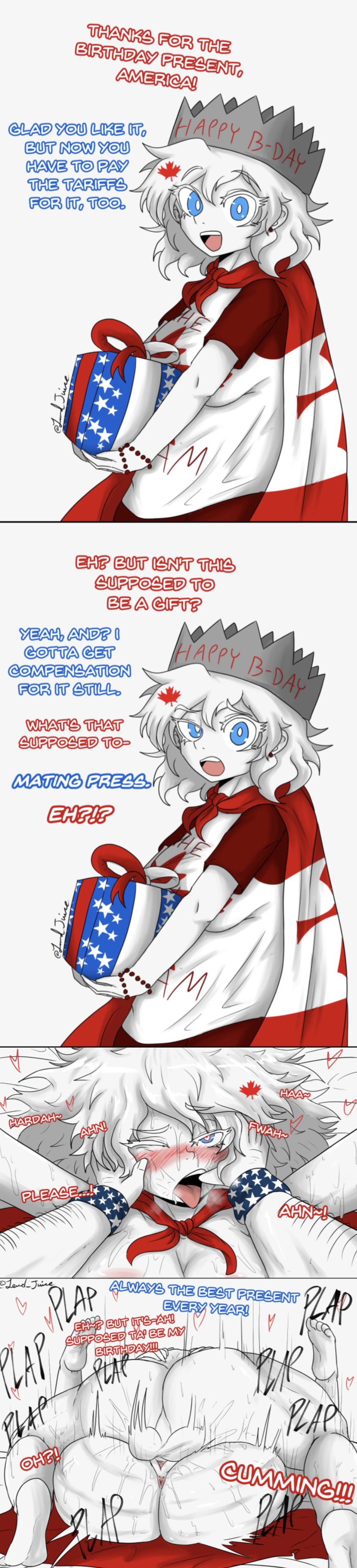 1boy, 1girls, america (egobuzz), arm hair, big breasts, blue eyes, blush, bracelet, breasts, canada, canada (egobuzz), canada day, cape, cape only, color, comic, confused, crown, dialogue, english text, eyes rolling back, female, female focus, gift, hands on back, heart, heart-shaped pupils, humanized, instant loss, instant loss 2koma, lewd juice, looking at viewer, male, male pov, maple leaf, mating press, one eye closed, play, pov, present, sex, straight, text, thumb in mouth, tongue, tongue out, white body, white hair