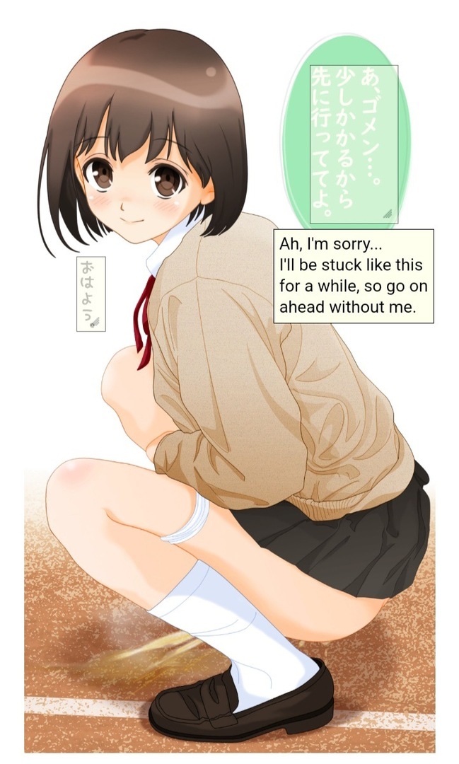 1girls brown_eyes brown_hair dedenden! loafers looking_at_viewer peeing piss pissing puddle school_uniform squatting translated urinating white_socks