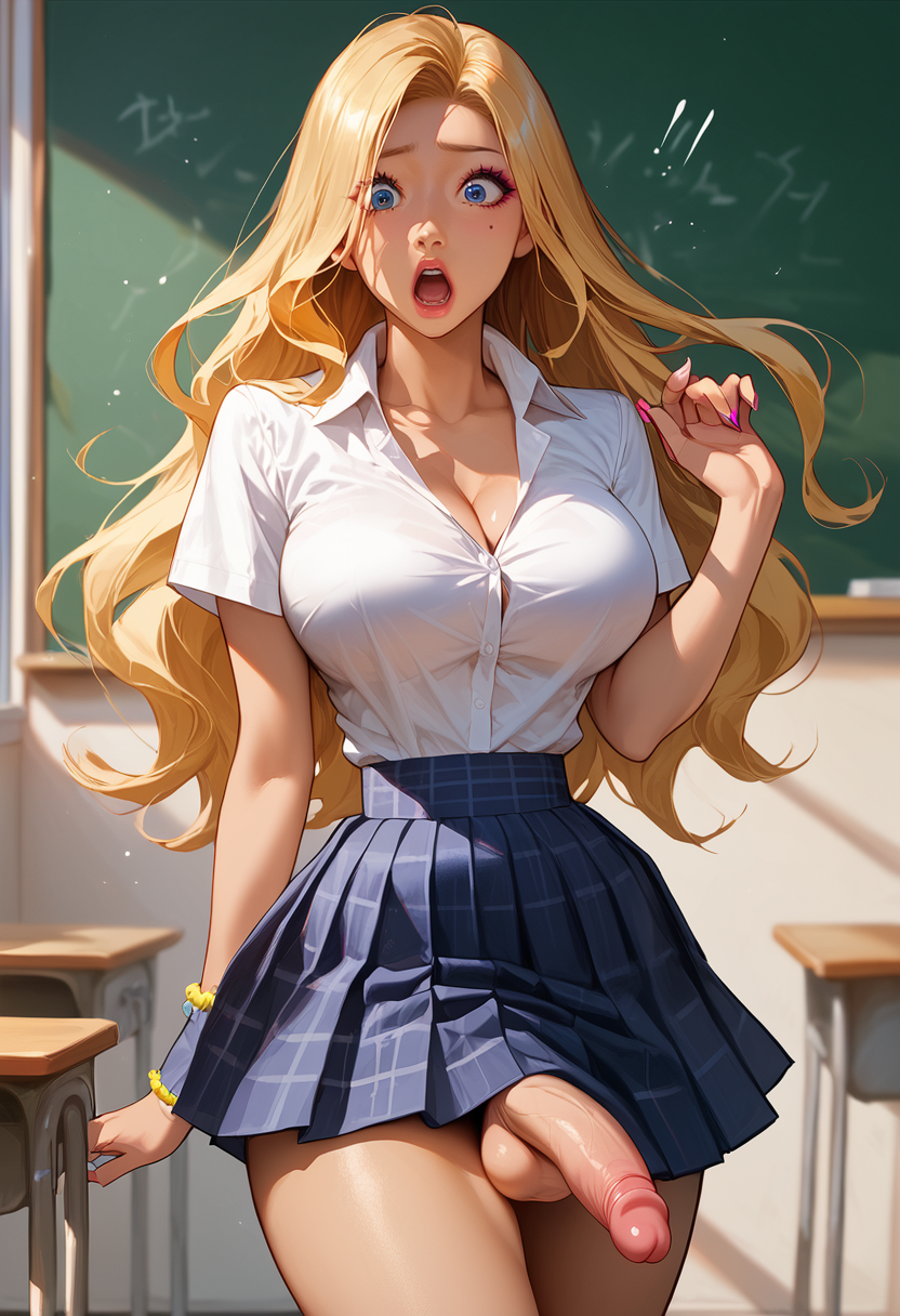 blonde_hair classroom female futanari school_uniform