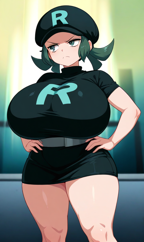 ai_generated angry big_breasts black_shirt black_skirt green_hair pokemon rainbow_rocket_grunt team_rainbow_rocket_grunt_(female) teamrocktgrl thick_thighs wide_hips