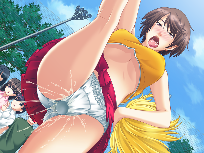 armpits asakura_sakura blush breasts brown_hair cheerleader clothed_masturbation clothing clouds dildo dildo_under_clothes dildo_under_panties exhibitionism female game_cg highres large_breasts leg_up legs looking_away masturbation mole mole_under_eye no_bra oba_ana:_overhaul open_mouth orgasm panties pom_poms public pussy_juice saliva sanada_chihiro short_hair skirt sky standing thighs trees under_clothes underboob underwear upskirt wet