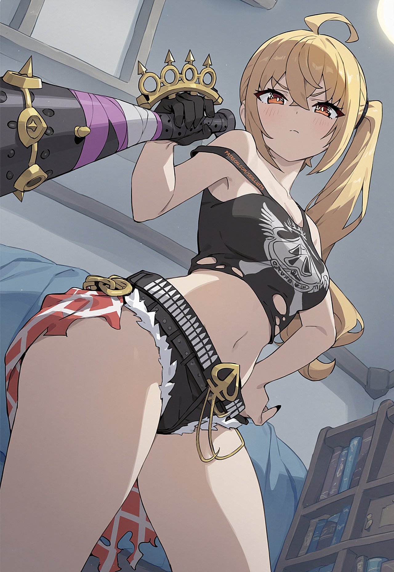 1girls ai_generated blonde_hair brat bratty breasts club_(weapon) hand_on_hip looking_at_viewer luciana_de_montefio midriff petite red_eyes short_shorts shorts sidillusts smiling solo strap_slip tank_top thick_thighs thighs zenless_zone_zero