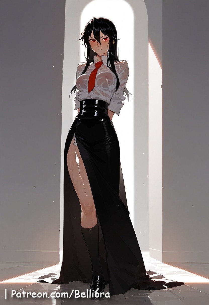 ai_generated akame_(akame_ga_kill!) akame_ga_kill! arms_behind_head bellioa big_breasts black_hair blush blush boots breasts breasts_through_clothes clothed clothed_female clothing female female_focus female_only frown fully_clothed fully_clothed_female hourglass_figure hourglass_figured_female long_hair looking_at_viewer mostly_clothed mostly_clothed_female patreon patreon_username red_eyes see-through see-through_clothing solo solo_female solo_focus tie wet_clothes