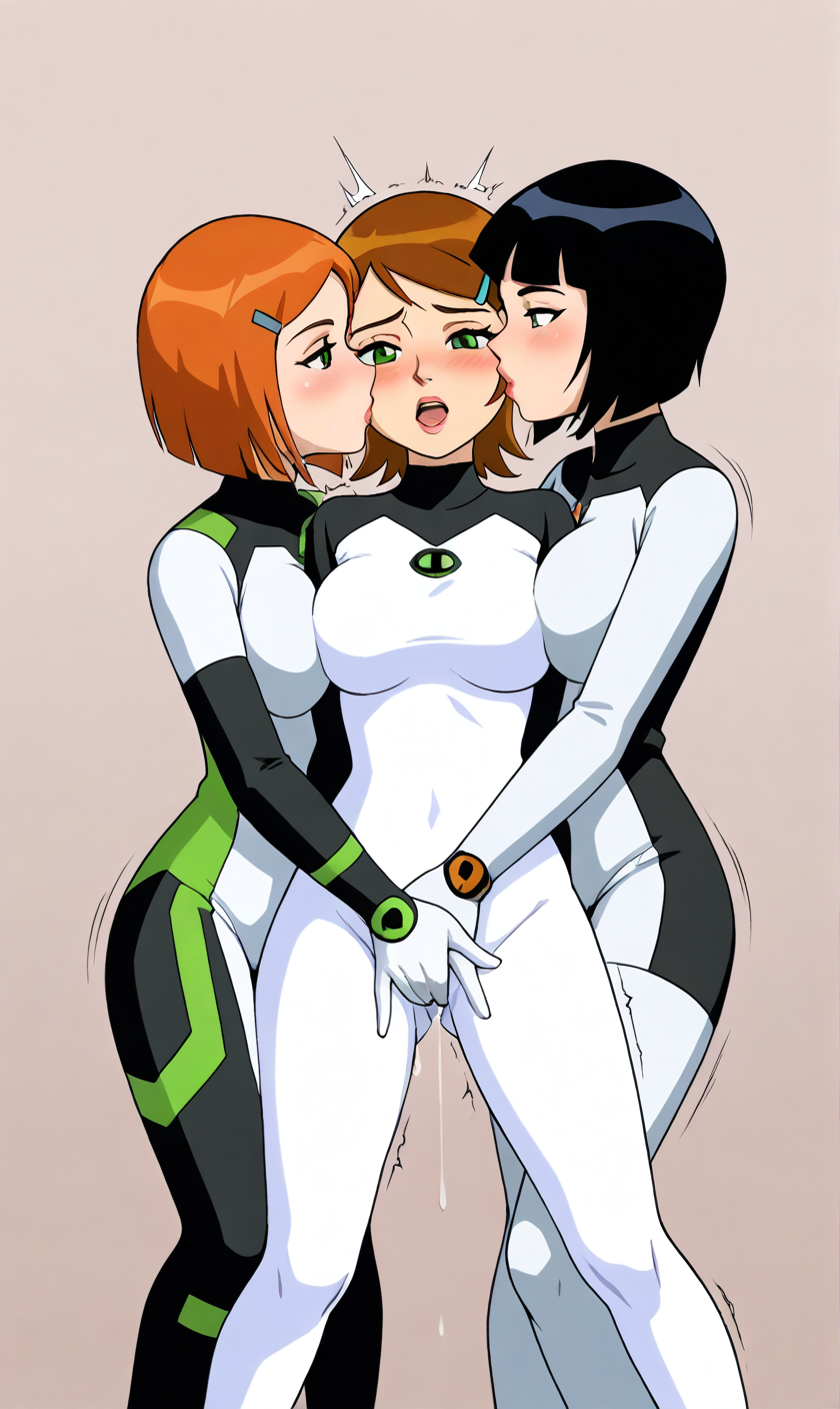 ai_generated ben_10 ben_tennyson bodysuit female female_only fff_threesome fingering genderswap genderswap_(mtf) group group_sex gwen_tennyson julie_yamamoto rule_63 shaking skin_tight yuri