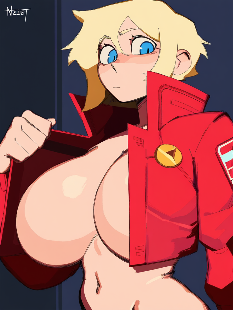 1girls ai_generated blonde_hair blue_eyes huge_breasts jacket kosine1777 kosineverse naked_jacket nude nude_female open_clothes open_jacket original original_character red_jacket short_hair sylvia_(kosine1777)