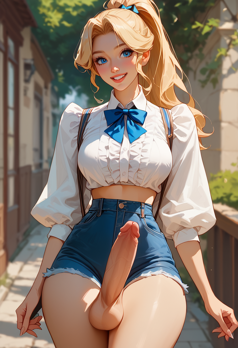 ai_generated blonde_hair blue_bow futanari schoolgirl short_shorts