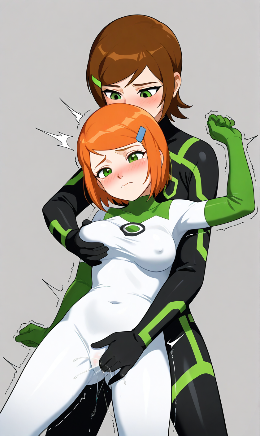 ai_generated ben_10 ben_tennyson bodysuit female_only fingering genderswap_(mtf) gwen_tennyson rule_63 shaking skin_tight yuri