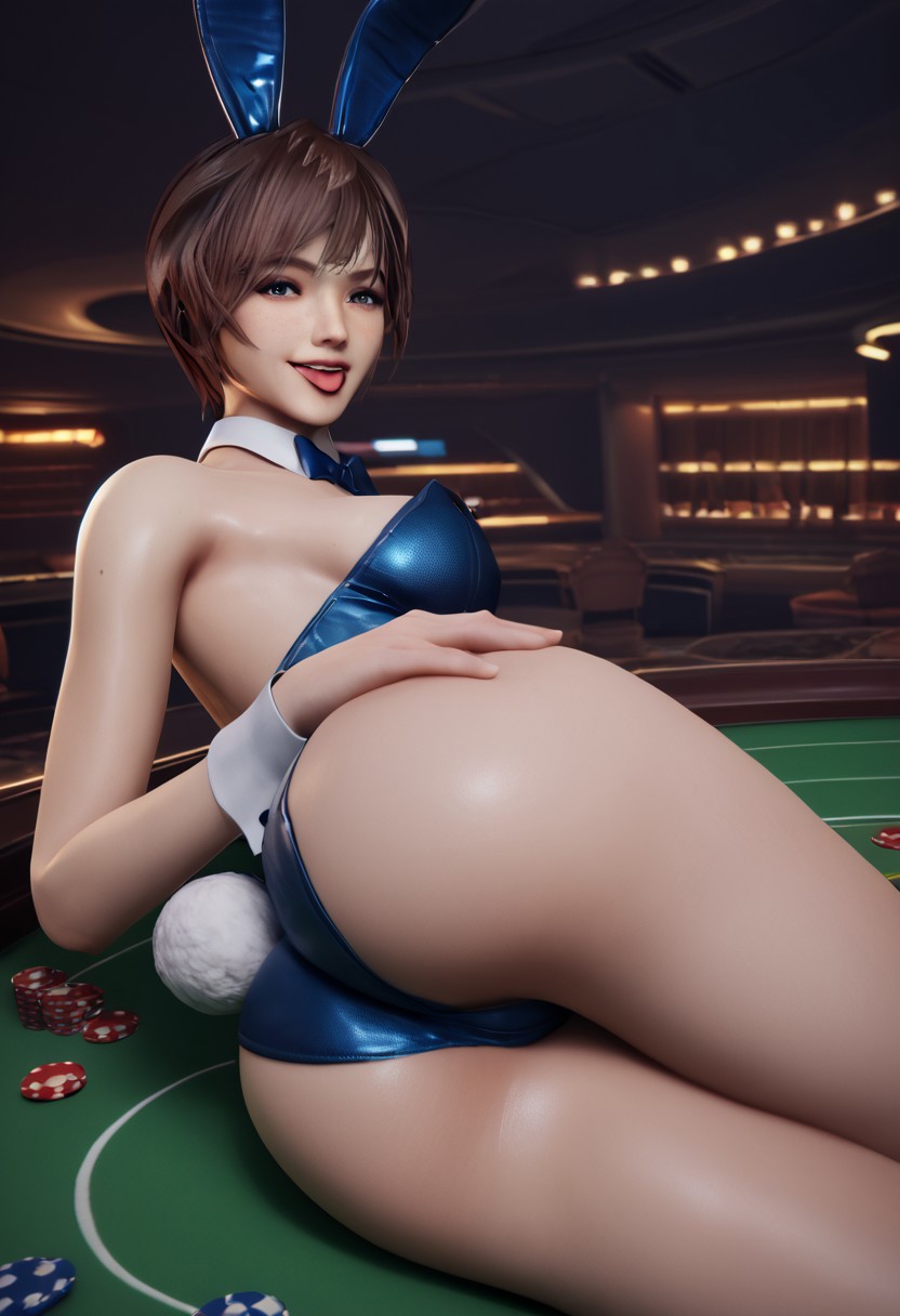 3d ai_generated ass ass_focus blue_eyes brown_hair bunny_ears bunnysuit casino casino_table female female_only lily_artemis_ii lying pale-skinned_female short_hair stellar_blade