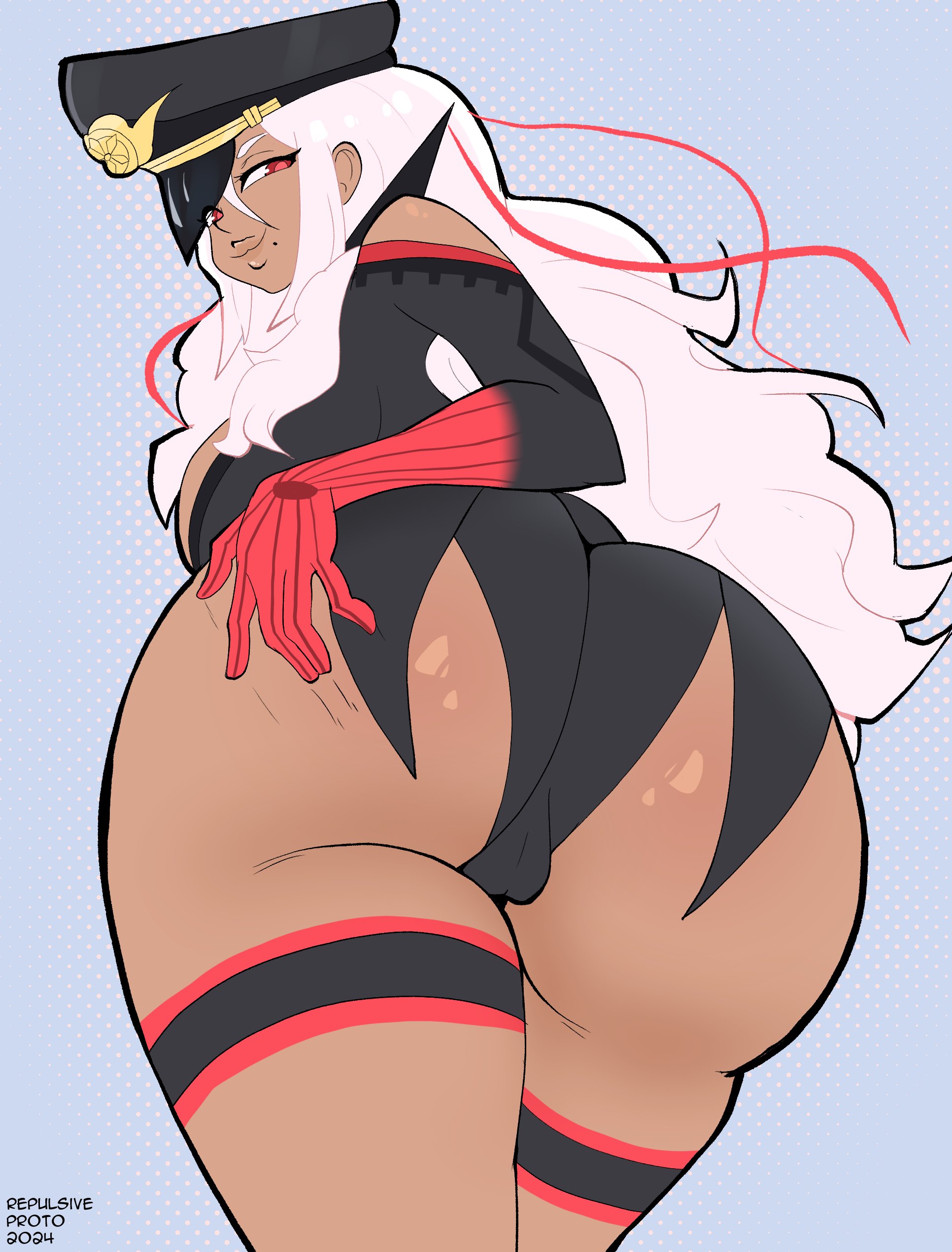 1girls, ai: the somnium files, ai: the somnium files - nirvana initiative, ass, ass bigger than head, ass body, big ass, big butt, dark skin, dark-skinned female, female, grabbing own ass, hat, looking at viewer, looking back, looking back at viewer, mole, mole under mouth, protorepulsive, rear view, red eyes, repulsiveproto, smile, solo female, standing, tama (ai: the somnium files), thick thighs, viewed from behind, white hair