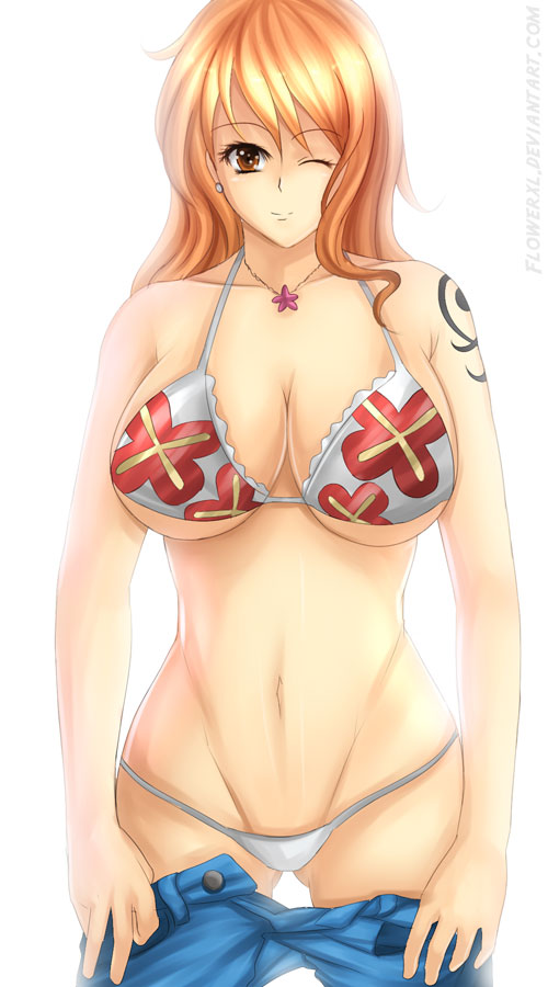 1girls, arm tattoo, bikini, blue tattoo, brown eyes, cleavage, clothes, clothing, color, female, female only, flowerxl, front view, human, jeans, nami (one piece), nude, one piece, orange hair, orange-haired female, post-timeskip, short shorts, solo, standing, tattoo, thong, undressing, voluptuous, white thong, wink