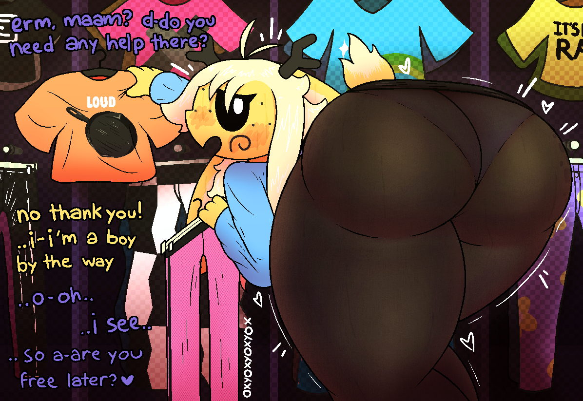 anthro, antlers, ass, big butt, blush, clothed, clothes store, clothing, clothing store, cookware, deer, dialogue, english text, freckled face, freckled hips, freckles, frying pan, hair, horn, kitchen utensils, legwear, male, mammal, motion lines, oxyoxyoxyox, panties, pantyhose, shirt, shopping, solo, spot freckles, spots, spotted hips, store, t-shirt, text, thick thighs, toffee (oxyoxyoxyox), tools, topwear, underwear, upskirt