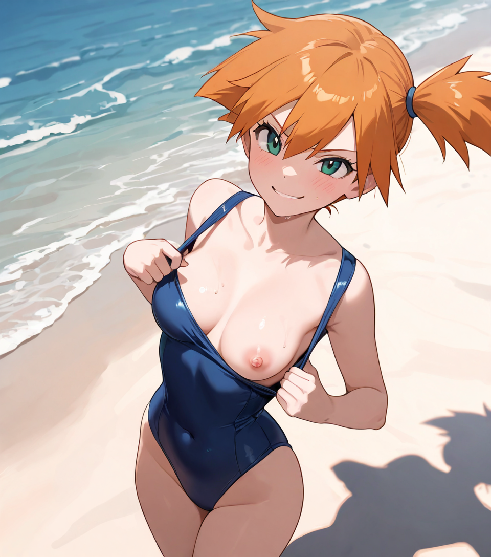 ai_generated beach blush blush kasumi_(pokemon) looking_at_viewer naked naked_female nipples nipslip patreon patreon_logo patreon_username sexy showing_breasts slyndor smile smirk smirking smirking_at_viewer solo swimsuit swimwear teasing teasing_viewer tight_clothes tight_clothing