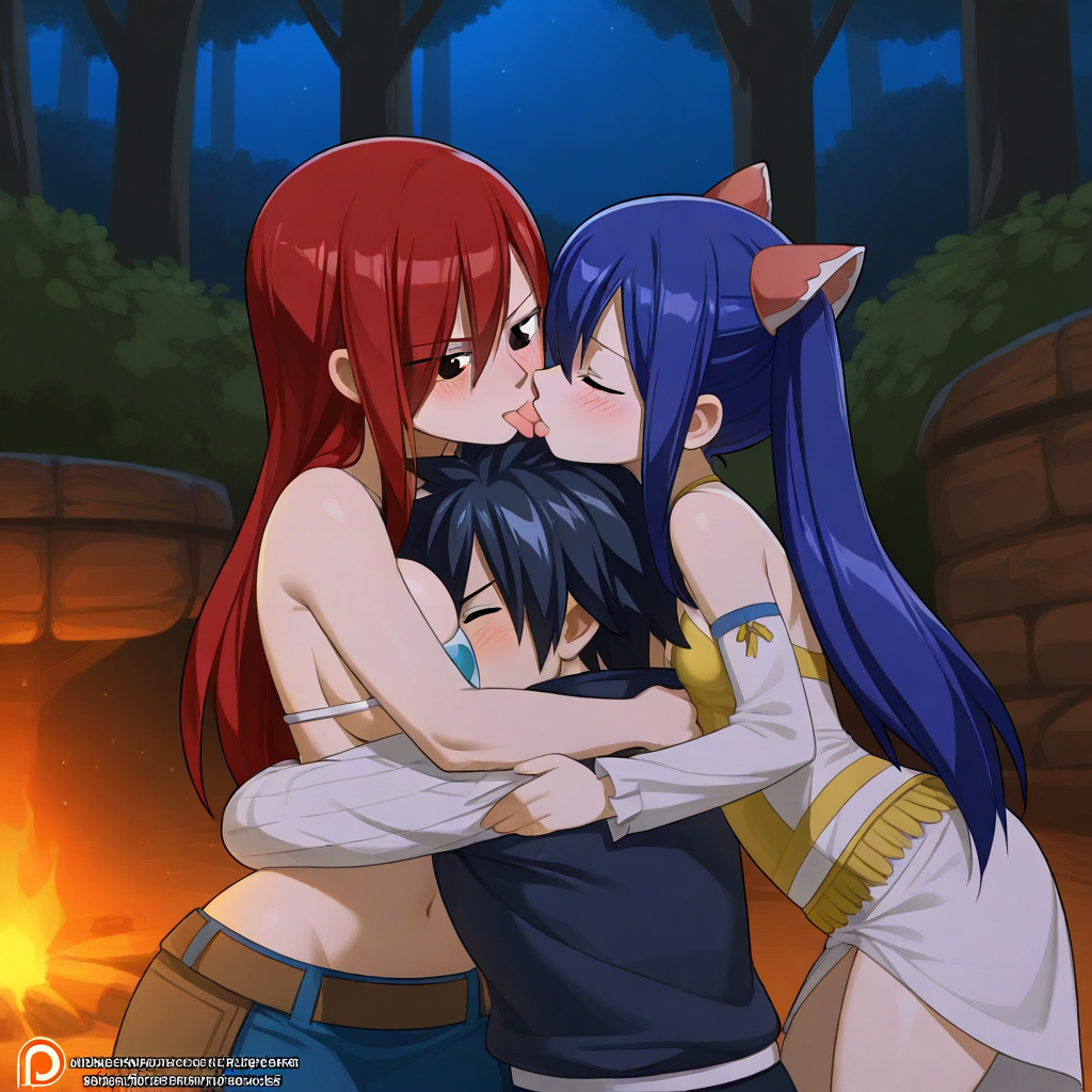 1boy 2girls ai_generated black_hair clothed dark_blue_hair erza_scarlet fairy_tail forest gray_fullbuster night red_hair threesome throuple wendy_marvell