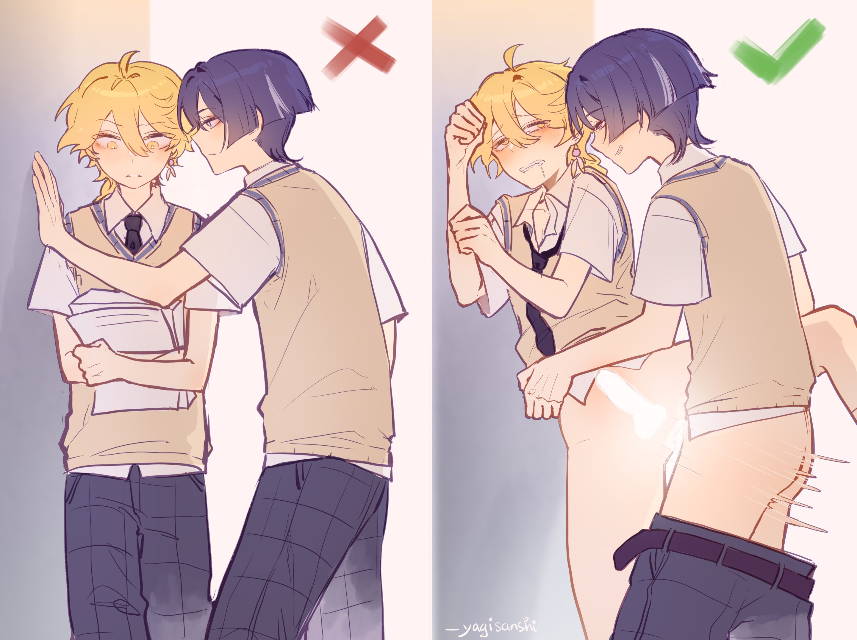 2boys, aether (genshin impact), blonde hair, blush, braided hair, femboy, gay, genshin impact, hoyoverse, male, male only, meme, mihoyo, purple hair, scaramouche (genshin impact), school, school uniform, yagisanshi, yaoi