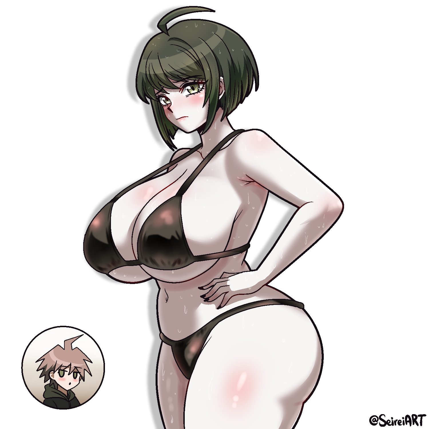 1boy, 1girls, big breasts, bikini, black bikini, black hair, black hoodie, black nails, blush, breasts, brother, brother and sister, brown hair, busty, chin length hair, danganronpa, danganronpa ultra despair girls, embarrassed, embarrassed female, female, hands on hips, hoodie, hourglass figure, huge breasts, large breasts, light skin, light-skinned female, male, naegi komaru, naegi makoto, navel, pale skin, pale-skinned female, schoolgirl, seireiart, siblings, sister, sweat, sweaty, sweaty body, teenage female, teenager, thick thighs, voluptuous, voluptuous female, white background, white skin, white skinned female, wide hips
