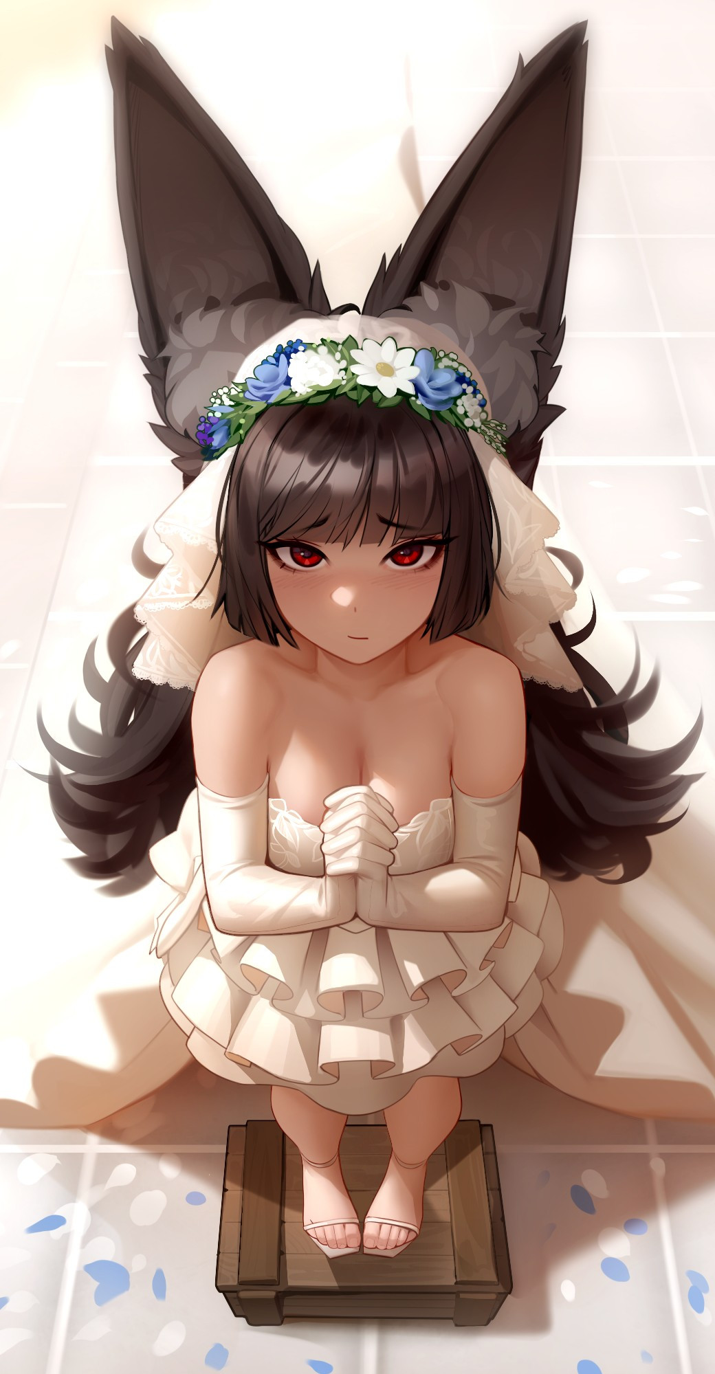 1girls animal_ears bare_shoulders black_hair breasts bride cleavage collarbone dress elbow_gloves exposed_toes eyelashes female female_only frilled_dress gloves hands_together head_wreath hoshimi_miyabi huge_ears kairuhentai kairunoburogu kemonomimi light-skinned_female light_skin long_dress long_hair looking_at_viewer looking_up looking_up_at_viewer pov red_eyes sandals short shy solo standing standing_on_object tagme toes veil wedding_dress white_dress white_gloves zenless_zone_zero