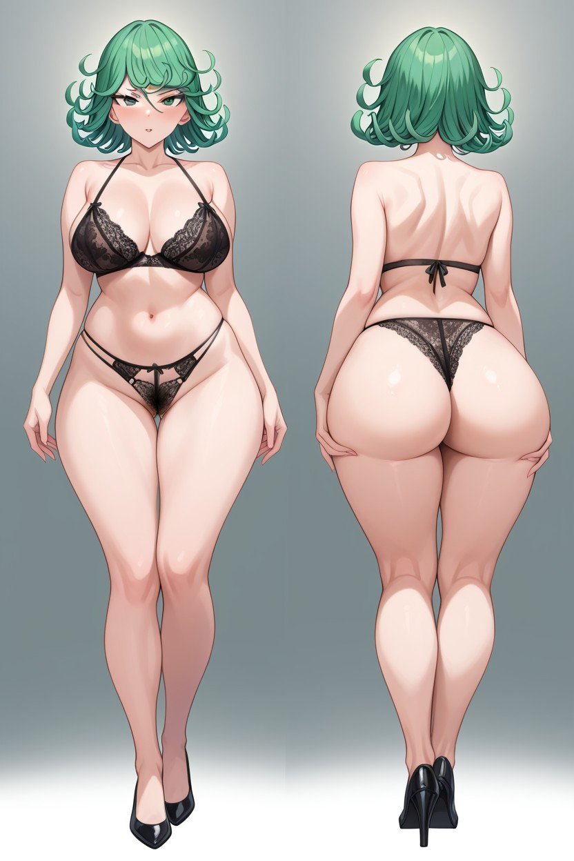 ai_generated ass back_view backsack big_ass bra front_view green_eyes green_hair lingerie one-punch_man panties petite petite_female tatsumaki