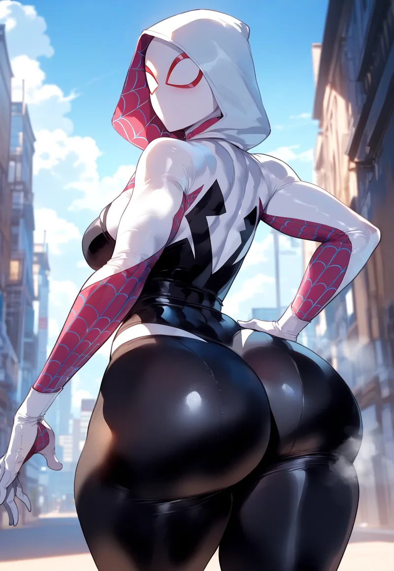 1girls, ai generated, artist request, ass, big ass, curvy figure, female, gwen stacy, huge ass, looking at viewer, looking back, marvel, marvel comics, round ass, solo female, spider-gwen, spider-man (series), steaming body, thick ass, thick thighs