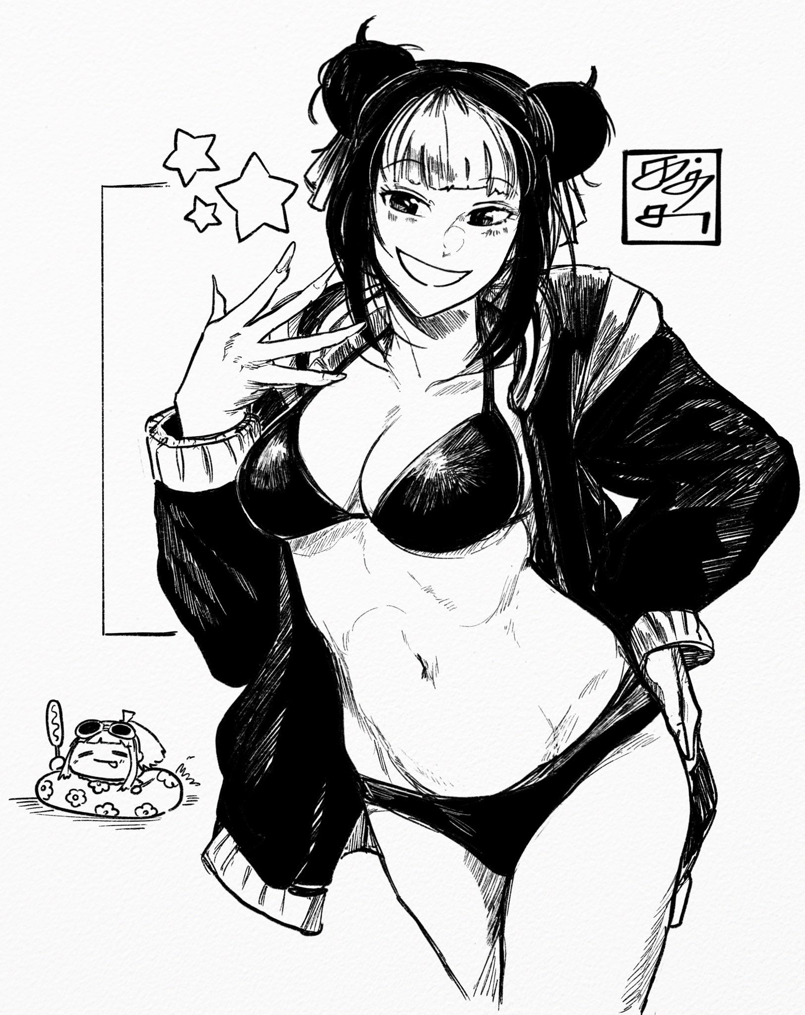 1girls, ass, big ass, big breasts, bikini, black and white, black hair, breasts, female, grabbing ass, hinao (kagurabachi), horny, horny female, jacket, kagurabachi, katsutentacle, sexy pose, smile, stars