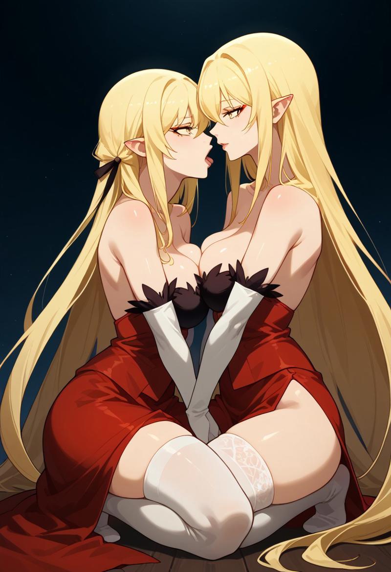 2girls ai_generated bakemonogatari blonde_female blonde_hair blonde_hair_female clothed clothed_female clothing dick dress elbow_gloves eye_contact eyelashes full_body gloves hips kiss-shot kiss-shot_acerola-orion_heart-under-blade kissing kissshot_acerolaorion_heartunderblade long_hair long_hair_female monogatari_(series) nisemonogatari on_knees oral oshino_shinobu penis red_dress stockings stockings_thigh_highs strapless very_long_hair_female white_stockings yuri