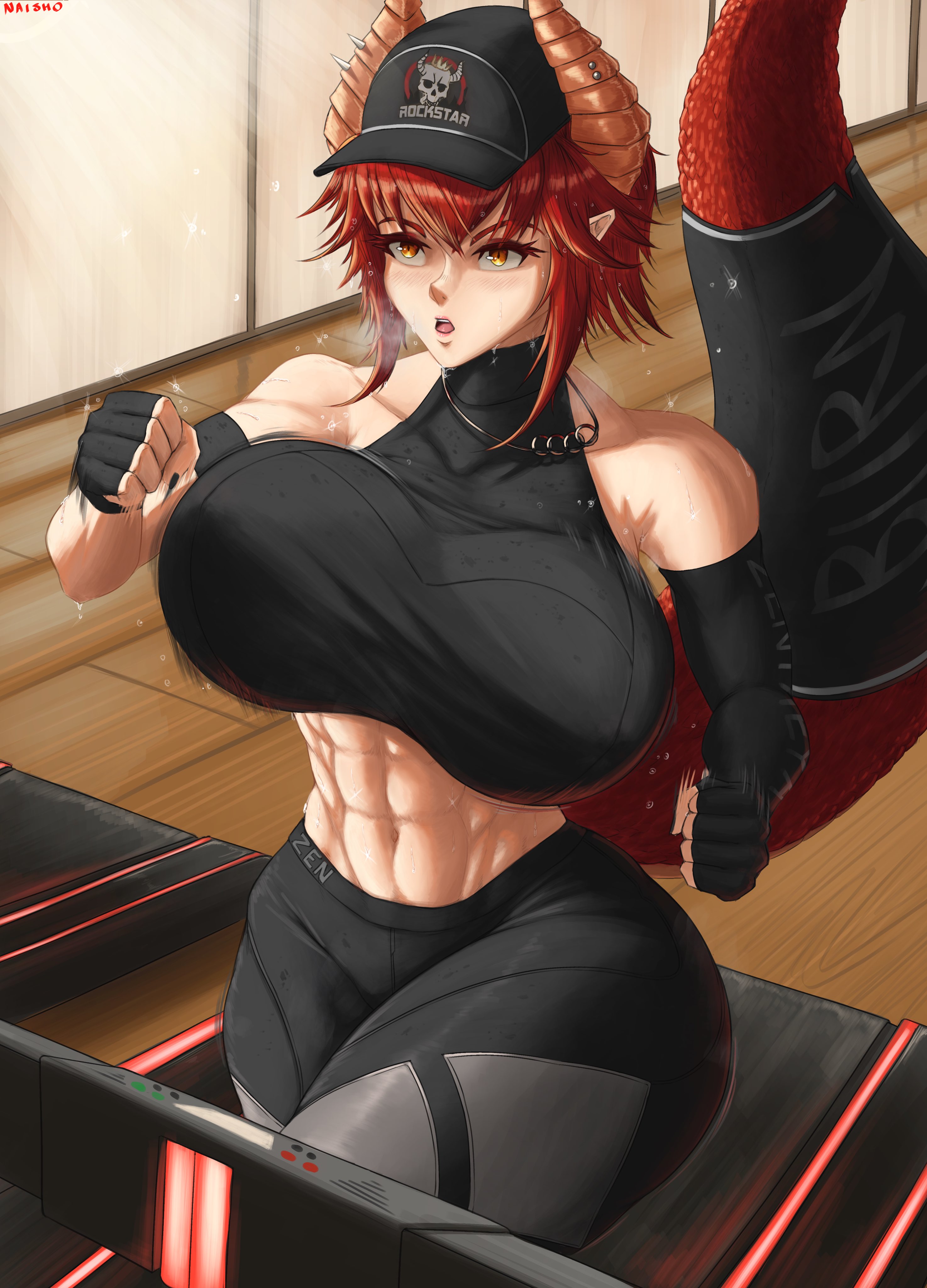 big breasts, breasts, dragon girl, female, horns, huge breasts, jiggling breasts, naisho, obliques, red hair, scales, short hair, sweating, tagme, tail, tight clothing, virtual youtuber, vshojo, vtuber, workout, zentreya, zentreya (dragon)