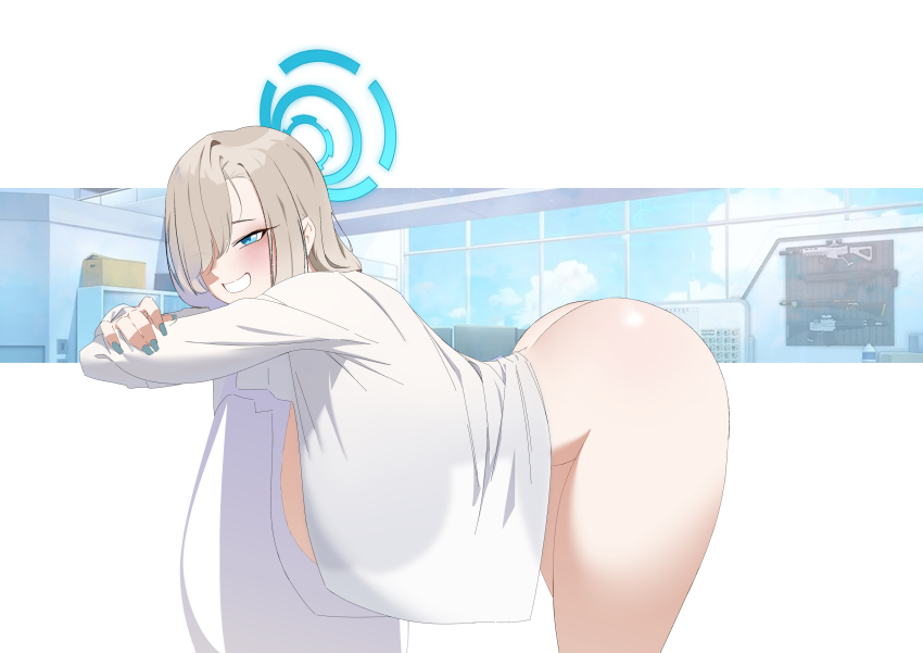 artist_request asuna_(blue_archive) bent_over big_breasts blue_archive blue_eyes bottomless female halo hanging_breasts leaning_forward looking_at_viewer no_panties side_view tagme