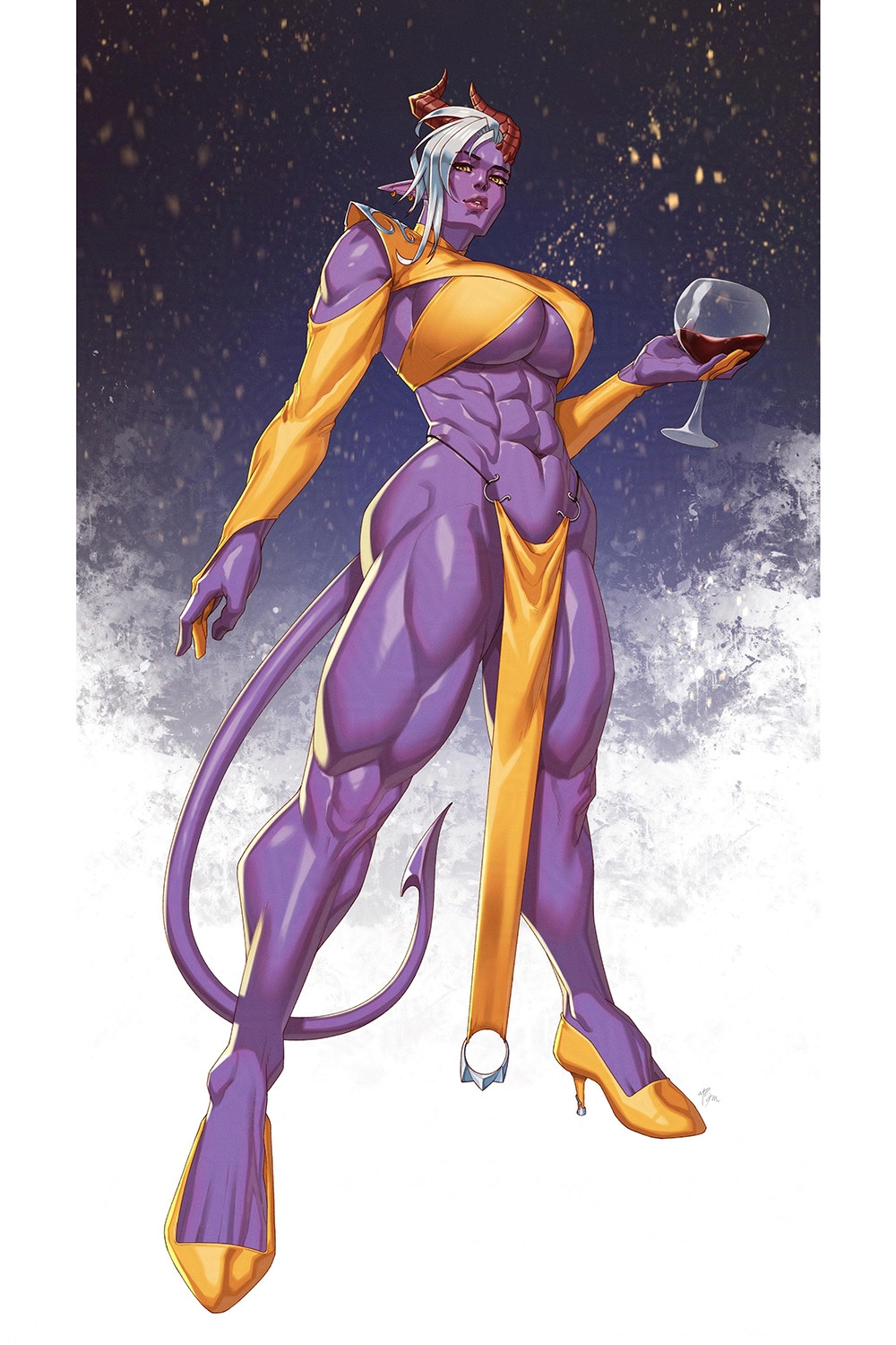 1girls breasts female high_heels horns large_breasts layssandra_(r62) loincloth muscular muscular_female navel original purple_skin r62 signature tail thick_thighs tiefling underboob yellow_eyes