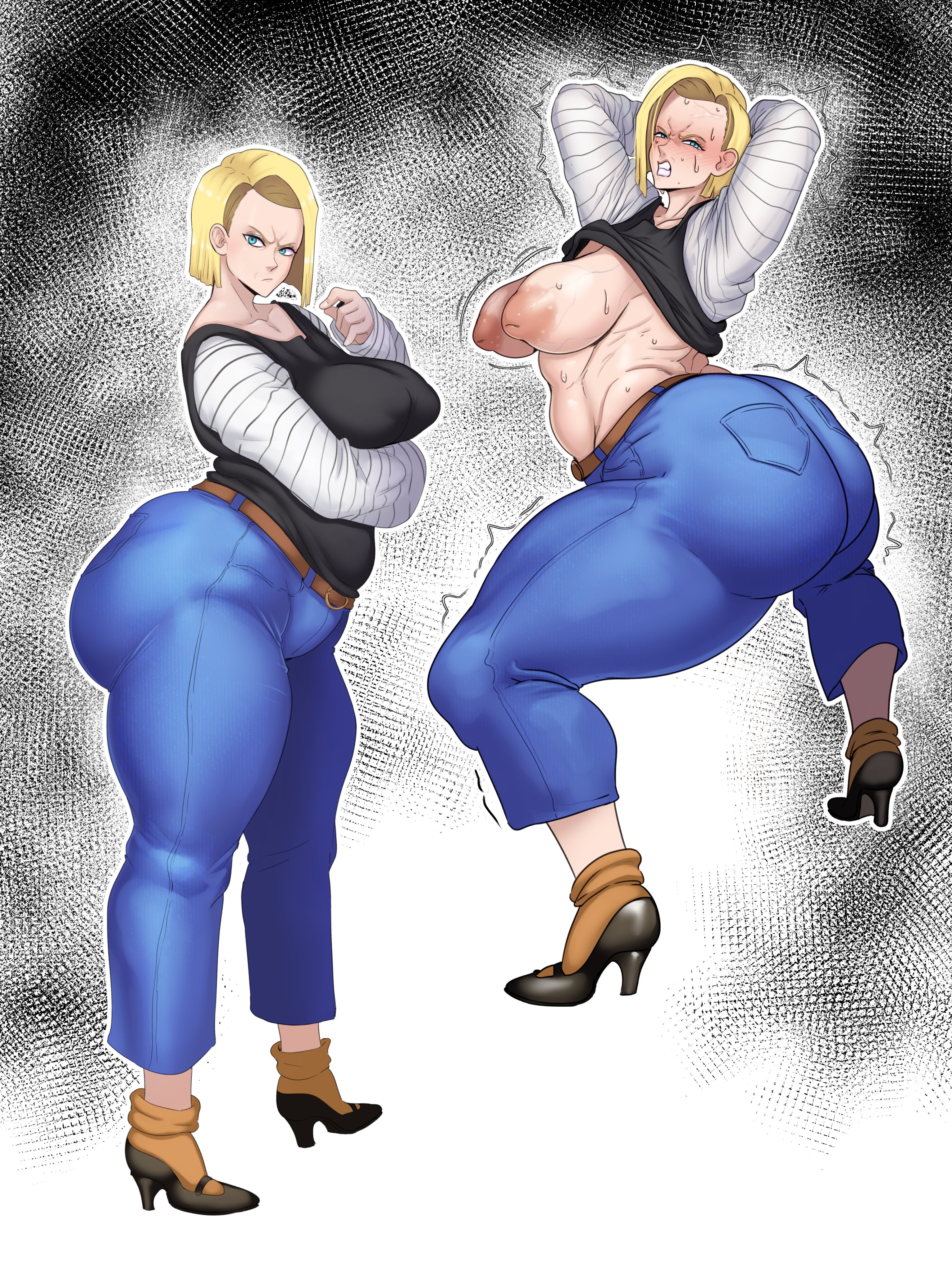 1girls, 2d, android 18, ass, big breasts, breasts, dragon ball, female, female only, footwear, full color, fully clothed, ganimata, high heels, hyper ass, large breasts, massive ass, no penetration, solo, solo female, sunnysundown, thick thighs, voluptuous