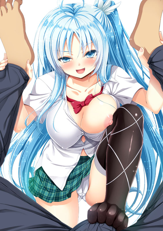 areola slip, areolae, barefoot, big breasts, black legwear, black thighhighs, blue eyes, blue hair, blush, breast slip, breasts, breasts out, bulge, cameltoe, chogokin, clothed, clothed female, denki anma, denma onna, domination, erect nipples, feet, female, female on top, femdom, foot grab, footjob, footjob over clothes, kouda serio, large breasts, long hair, looking at viewer, male, malesub, nipple slip, nipples, no shoes, open mouth, outercourse, panties, pantyshot, pantyshot (standing), pink nipples, plaid skirt, pov, pov eye contact, pov male, pussy, school uniform, schoolgirl, simple background, skirt, standing, standing footjob, straight, thighhighs, toes, twintails, very long hair, white panties, young