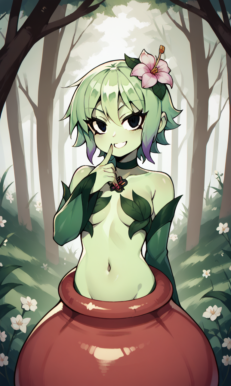 accurate_art_style ai_generated alraune bigmic145 breasts detached_sleeves female female_only flower flower_in_hair green_hair green_skin leaf leaf_clothing monster_girl navel netflix plant plant_girl plant_humanoid ramona_flowers scott_pilgrim scott_pilgrim_takes_off