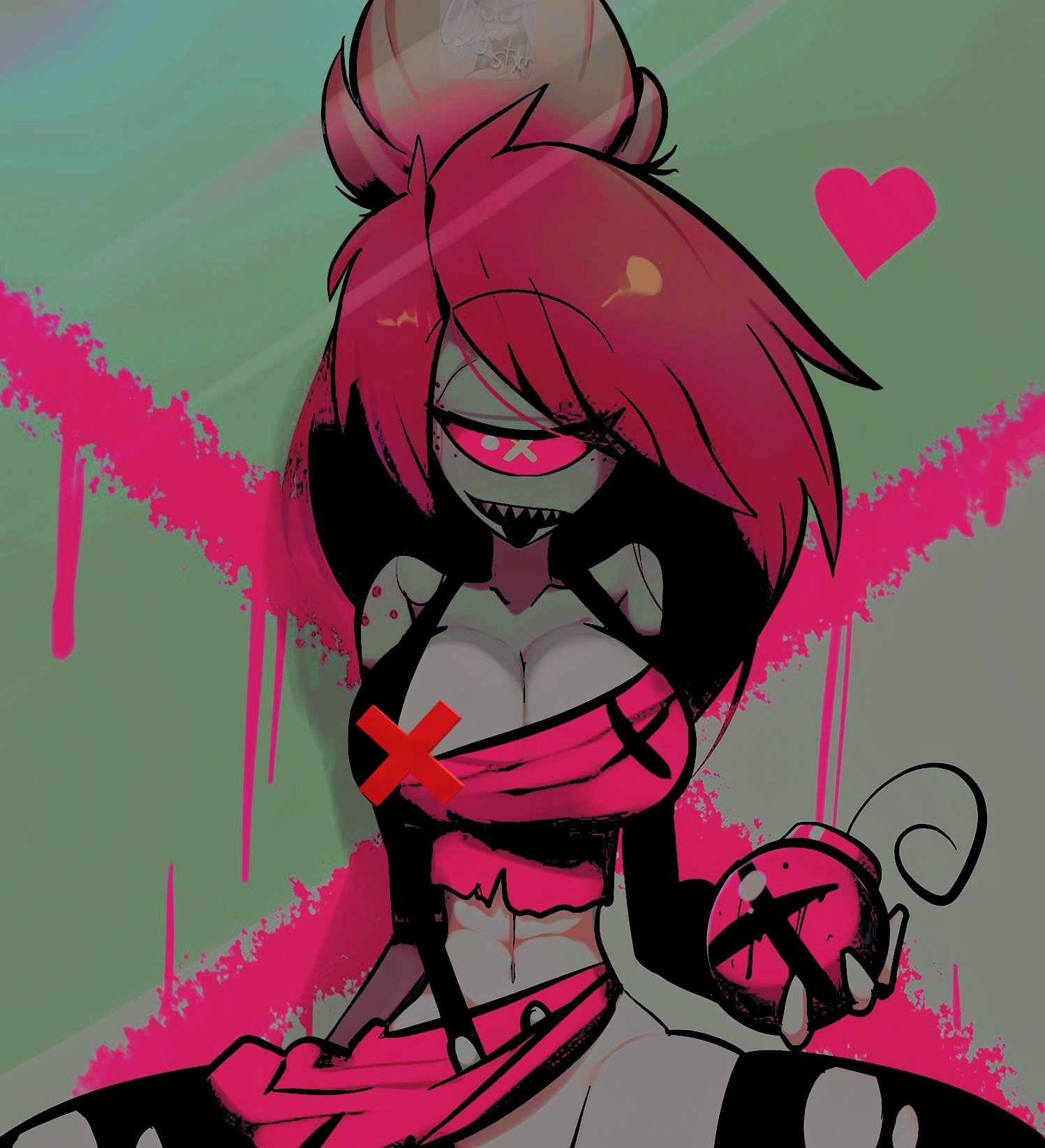 artist request, big breasts, breasts, censored nipples, cherri bomb, cherri bomb (hazbin hotel), edited, female, hazbin hotel, tagme, usagi star, vivienne medrano