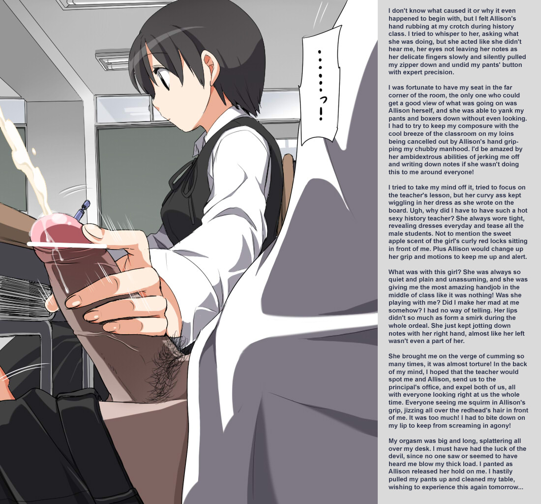 1boy, 1girls, caption, censored, chupimaro, classroom, close up, closeup, clothed, cum, english, english text, erection, female, foreskin, hair, handjob, human, humanoid, male, penis, penis out, pubic hair, public, school, story, straight, student, text, uncircumcised, under desk, veins, veiny penis, wall of text
