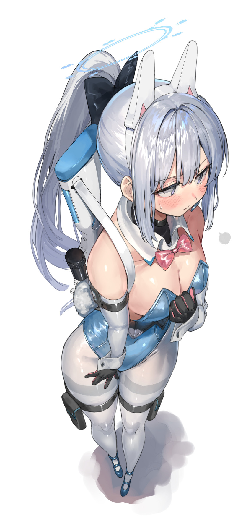 ass, big ass, big breasts, blue archive, blush, blushing, breasts, bunny ears, bunny girl, bunny tail, bunnysuit, female, halo, long hair, miyako (blue archive), ranf, video game character, weapon, white hair, wide hips