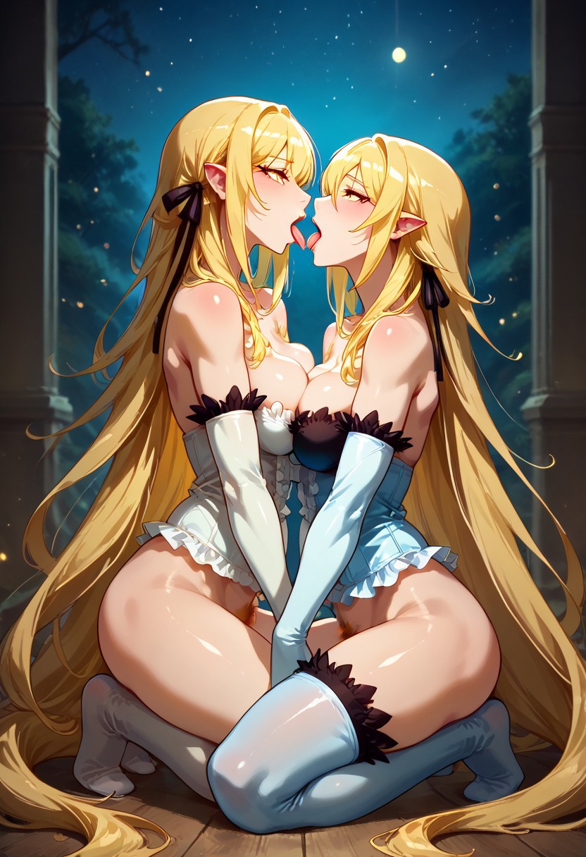 2girls ai_generated bakemonogatari blonde_female blonde_hair blonde_hair_female clothed clothed_female clothing corset dick elbow_gloves eye_contact eyelashes full_body gloves hips kiss-shot kiss-shot_acerola-orion_heart-under-blade kissing kissshot_acerolaorion_heartunderblade long_hair long_hair_female monogatari_(series) nisemonogatari on_knees oral oshino_shinobu penis red_dress stockings stockings_thigh_highs strapless very_long_hair_female white_stockings yuri