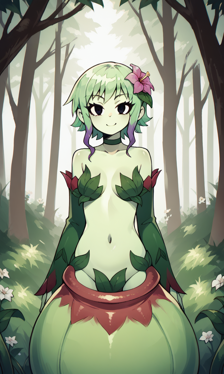 accurate_art_style ai_generated alraune bigmic145 breasts detached_sleeves female female_only flower flower_in_hair green_hair green_skin leaf leaf_clothing monster_girl navel netflix plant plant_girl plant_humanoid ramona_flowers scott_pilgrim scott_pilgrim_takes_off