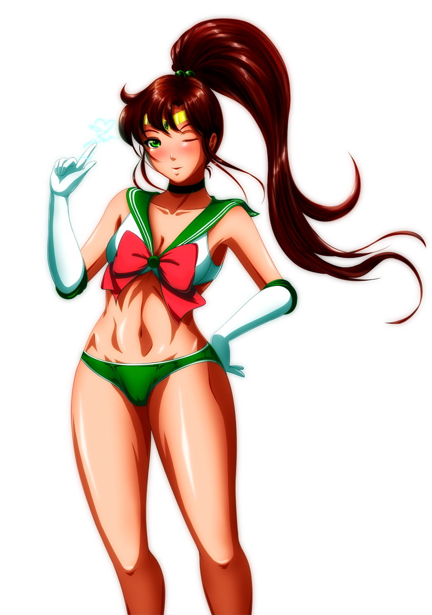 1girls bishoujo_senshi_sailor_moon bra brown_hair cameltoe female female_only green_eyes grimbyslayer human lightning lingerie makoto_kino panties ponytail sailor_jupiter skimpy_clothes small_breasts solo tied_hair transparent_background winking