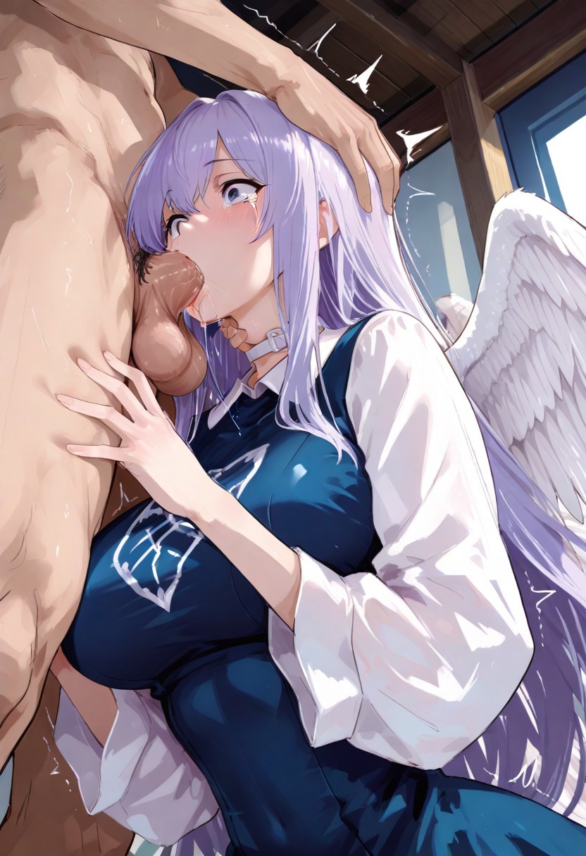 ai_generated angel_girl angel_wings big_breasts big_penis blowjob deepthroat fellatio grabbing_neck hand_on_head hands_on_another's_head head_grab saliva saliva_string sariel sariel_(touhou) tdfw tears touhou touhou_(pc-98) wide_eyed