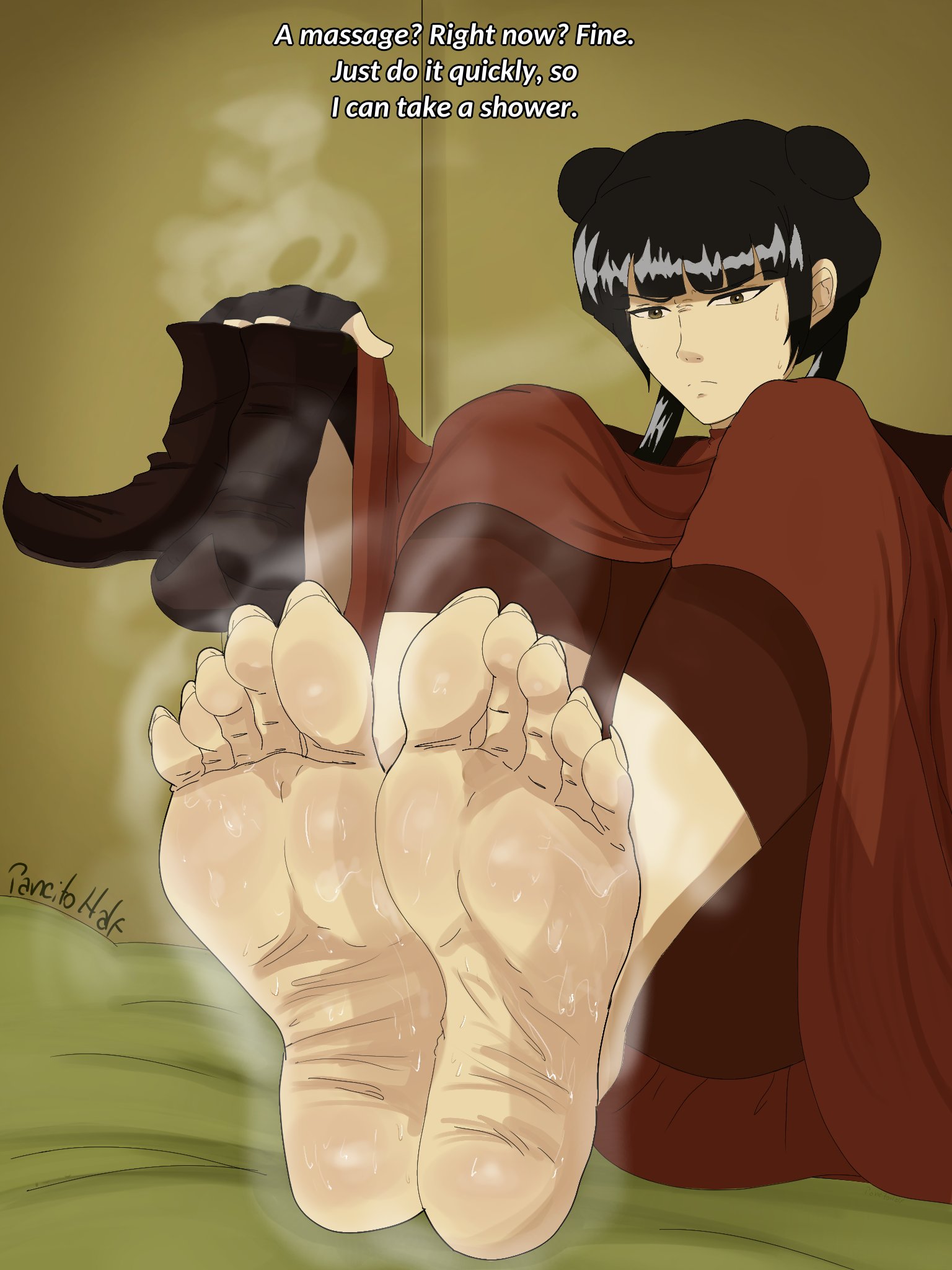 1girls, avatar legends, avatar the last airbender, barefoot, black hair, feet, female, female only, foot fetish, mai (avatar), musk, nickelodeon, pancitohalf, solo, steam, steamy, steamy feet, sweat, sweaty, sweaty feet, wrinkled feet