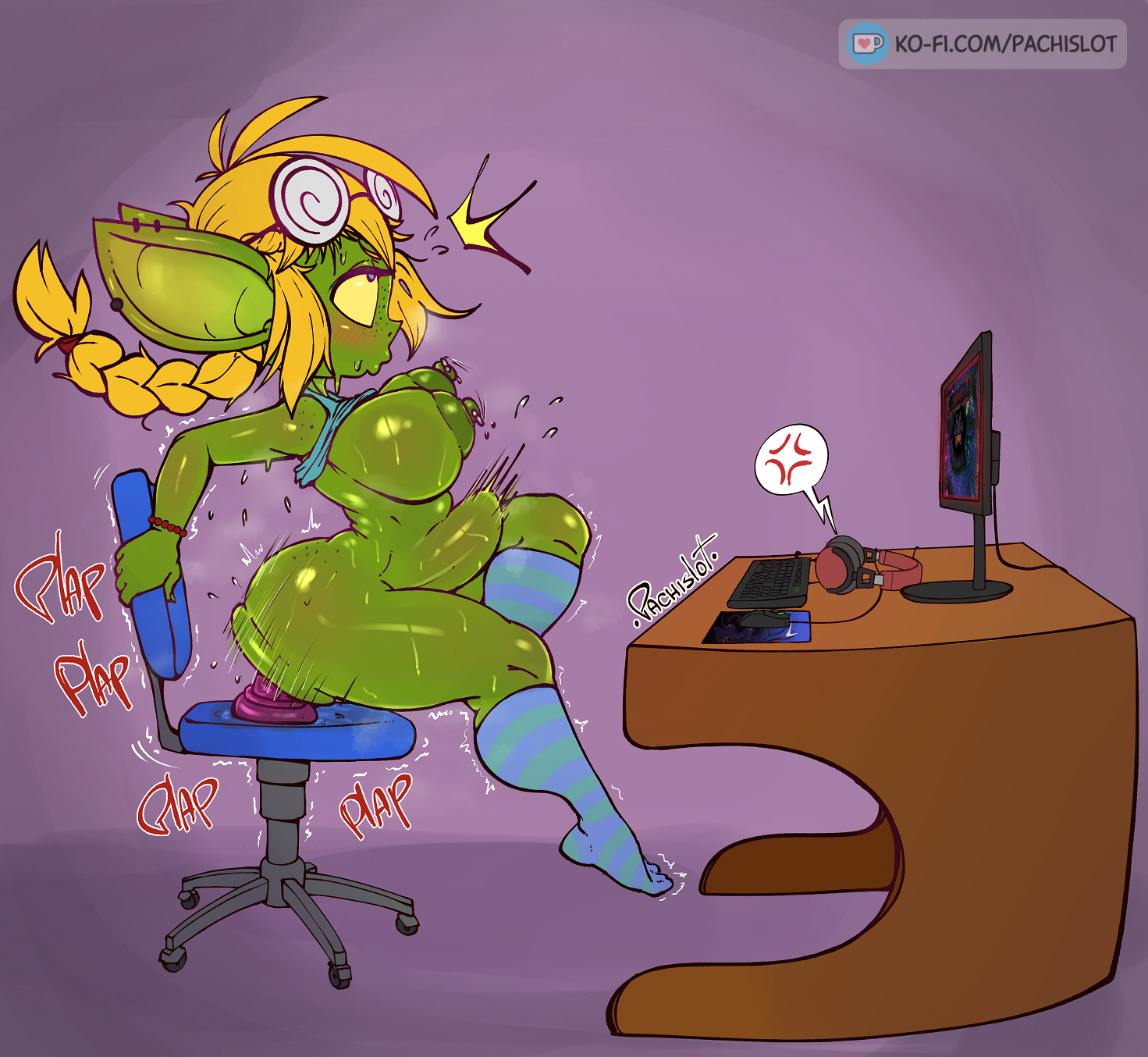 desktop, dildo, dildo sitting, female, goblin, goblin female, masturbation, original character, pachislot