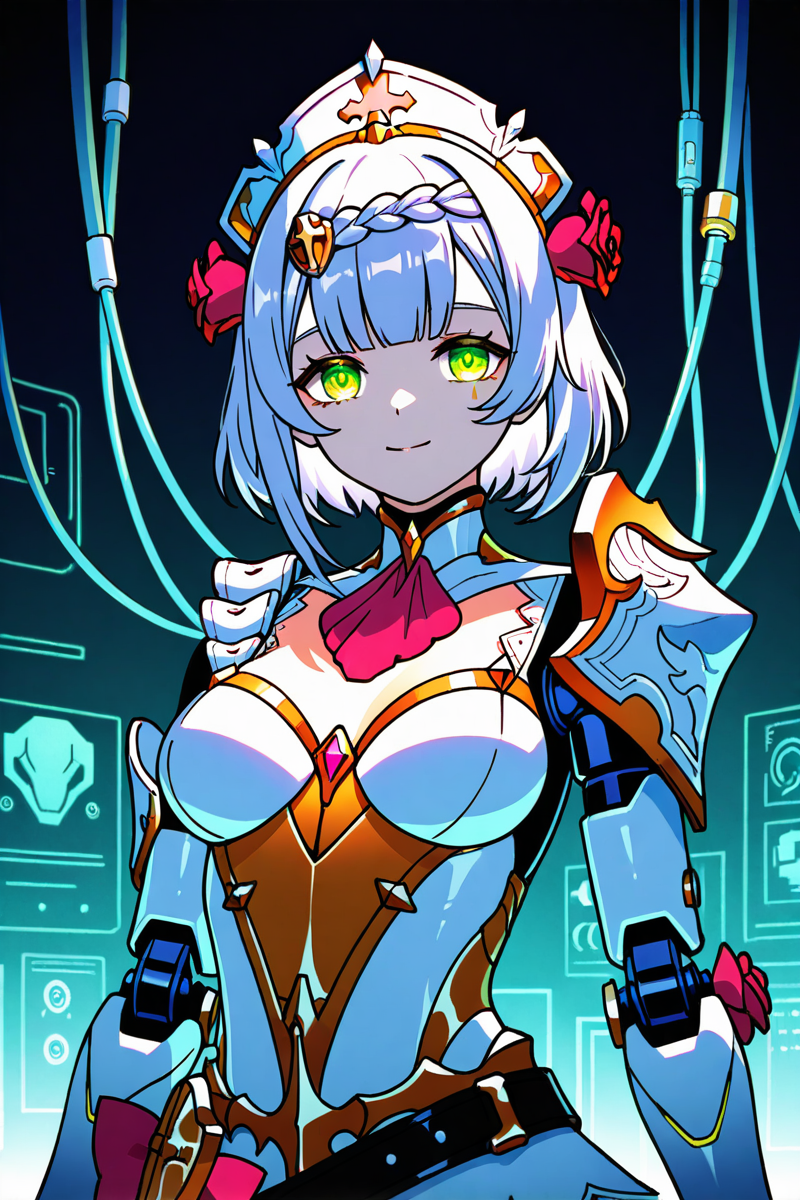 ai_generated android cyborg female genshin_impact green_eyes noelle_(genshin_impact) robot_girl smile solo tagme