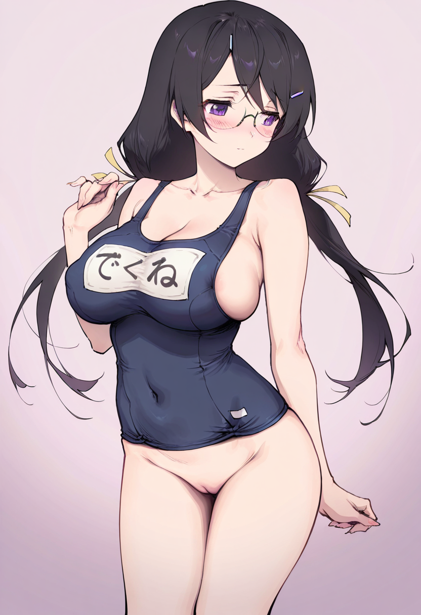 ai_generated black_hair blush breasts female glasses purple_eyes pussy ryuuzen swimsuit uncensored