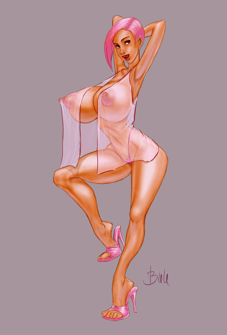 1girls arms_above_head arms_up bielegrafics erect_nipples feet high_heels huge_breasts legs pink_hair see-through short_hair solo thong