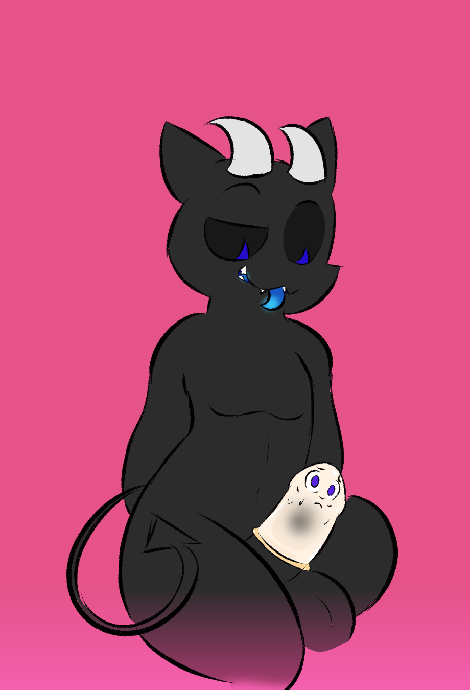 after_transformation anthro black_sclera condom demon domestic_cat duo felid feline felis hi_res imp inanimate_transformation male mammal nervous scared sexual_barrier_device sleepy_(sleepyly) sleepyly transformation zax_(sleepyly)