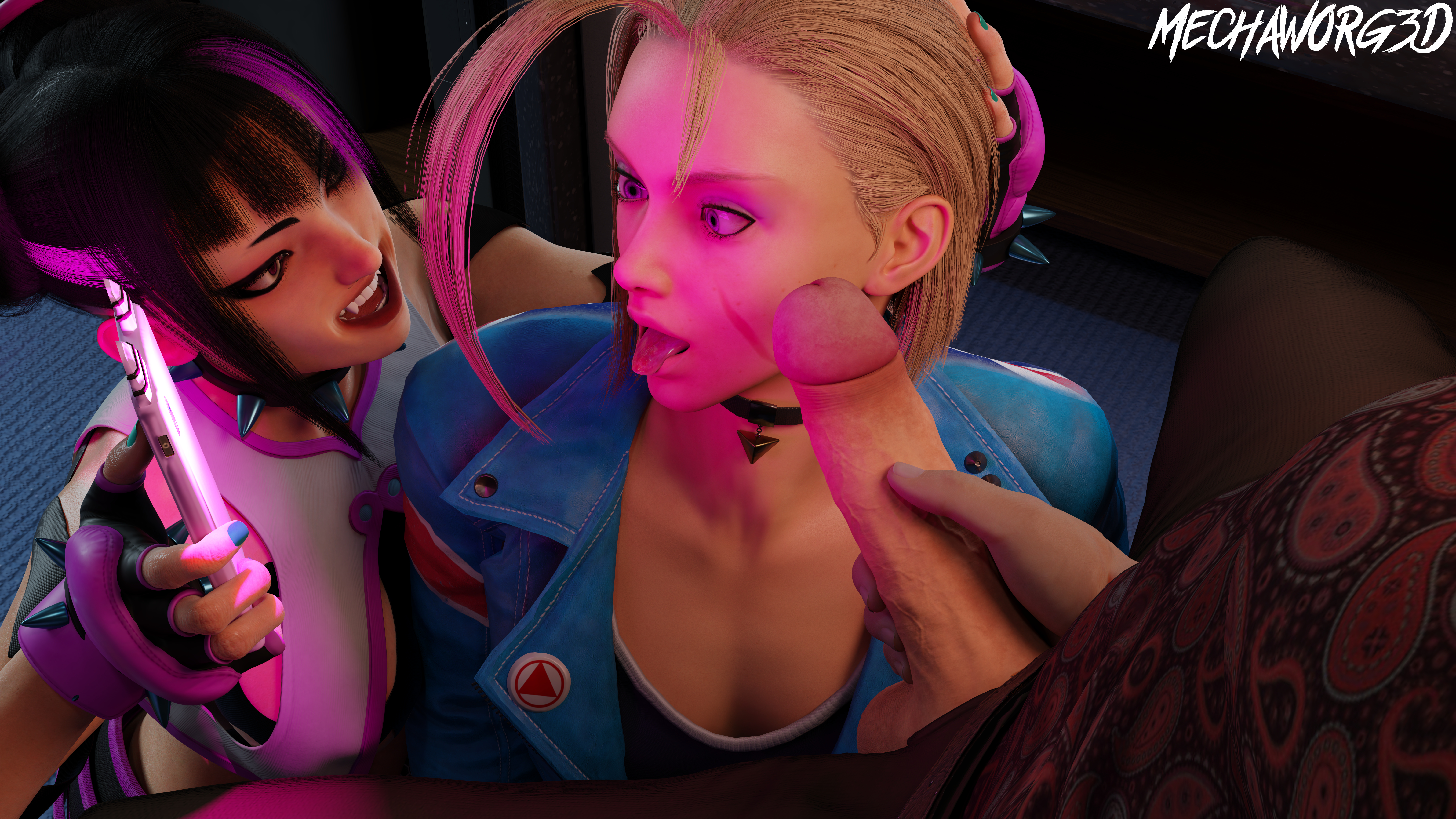 1boy, 2girls, 8k, absurd res, alternate version available, black hair, blender, blonde hair, cammy white, defeated heroine, dyed hair, erect penis, erection, female, hi res, holding head, juri han, male, mechaworg3d, mind control, mind control app, painted nails, penis, penis in face, pink hair, purple eyes, street fighter, street fighter 6, tagme