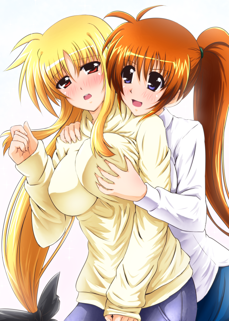 2girls black_ribbon blonde_hair blue_eyes blush breast_grab breasts brown_hair diesel-turbo fate_testarossa female hair_ribbon long_hair lyrical_nanoha mahou_shoujo_lyrical_nanoha multiple_girls open_mouth ponytail red_eyes ribbon side_ponytail sweater takamachi_nanoha tied_hair twintails very_long_hair yuri